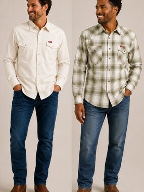 Wrangler 5 Star Premium Olive Plaid |Cream Cotton Blend Shirt NWT (2pc) Size 2XL